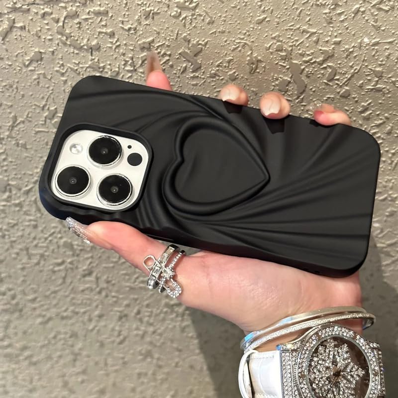 Image of COVERLY Heart Shape Design Back Case Cover for iPhone 15 Pro Max | Hot 3D Embossed Wrinkle Cute Silk Pattern | Love Trendy Matte TPU | Soft Silicone Fashion Aesthetic Cover for Girls & Women (Black)