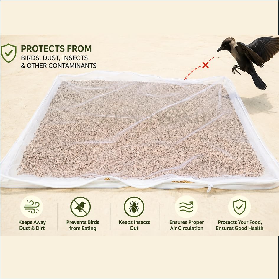 Image of ZEN HOME Cotton Sun Drying Cloth with Net,Large Size,75x100cm,Pack of 1 | Cotton Fabric with Protective Net Cover and zipper for Papad, Millets, Rice & Spices, Bird Protection