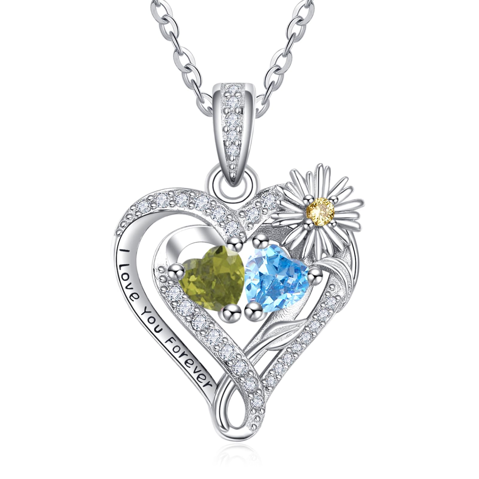 Zeuslia Birthstones Necklaces for Women, 925 Sterling Silver Heart Pendant with Sunflower/Rose/Daisy/Tree of Life/Angel Wings, Valentines Day Birthday