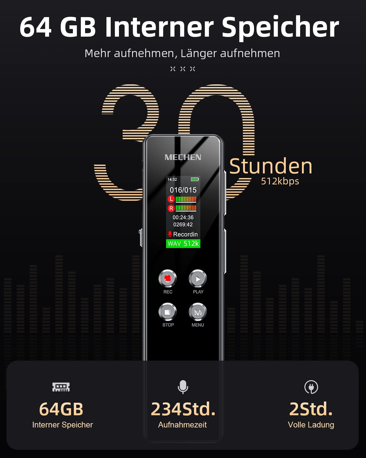 MECHEN 64GB Diktiergerät, EIN-klick HD-Aufnahme (1536kbps), VOR Sprachrekorder, Autom. Rauschunterdr. | MP3-Player | Passwortschutz | 300mAh Akku (64GB)