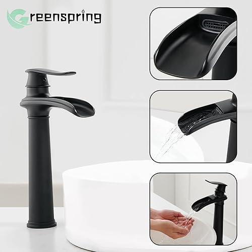 Miniatura 5 de Greenspring Grifo de lavabo de recipiente, color negro mate, una manija, un agujero, cascada, estilo casa de campo, grifo de baño, montaje en