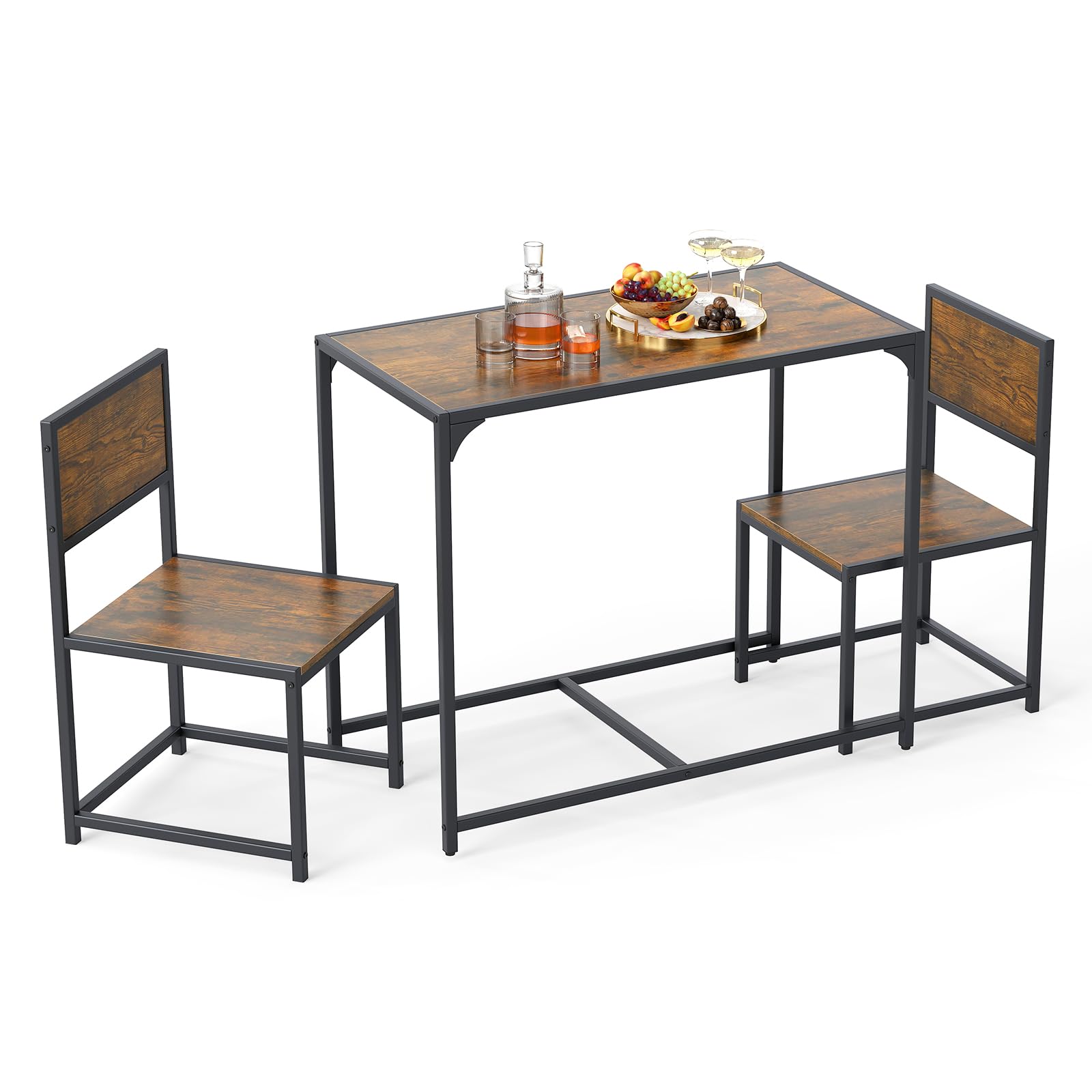 COSTWAY Dining Table Chairs, 3 Piece Metal Frame Kitchen Counter Furniture Include 1 Table and 2 Chairs, Home Office Living Room Breakfast Bar Table Set (Antique, without Footrest)