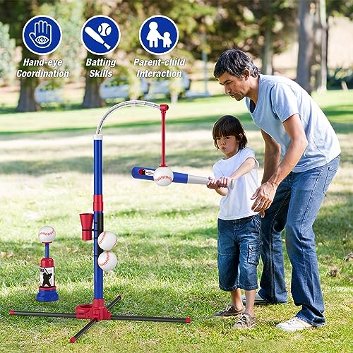 HYES 4 in 1 T Ball Sets for Kids 3-5 with Toss and Catch Ball Set, Hanging Tee Stand with Auto Pitching Machine/ 2 Bats, Indoor Outdoor Toys Birthday Baseball Gifts for Toddler Boys Girls, Blue by HYES - Image 6