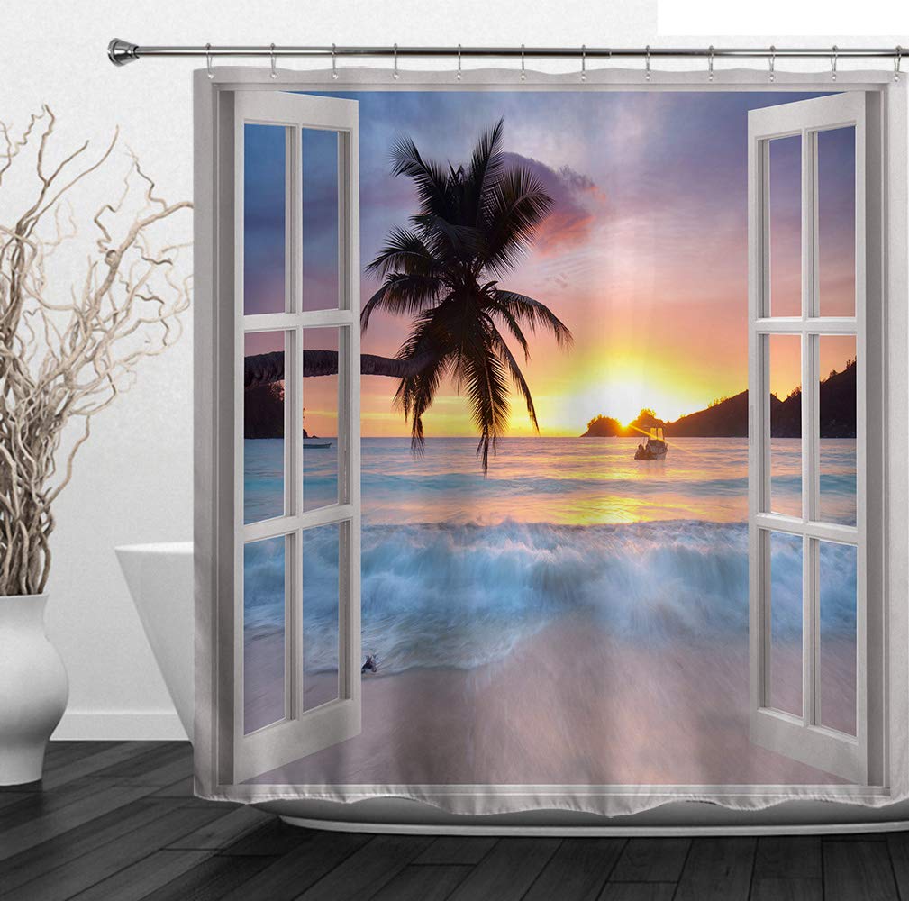 Hiyoo Bathroom Ocean Beach Shower Curtain Sets, Tropical Seashore Dolphin Seashell Shower Curtains, Sea Island Palms Tree Starfish Bathtub Shower Curtain with Hooks, Waterproof Fabric 60" W x 72" L