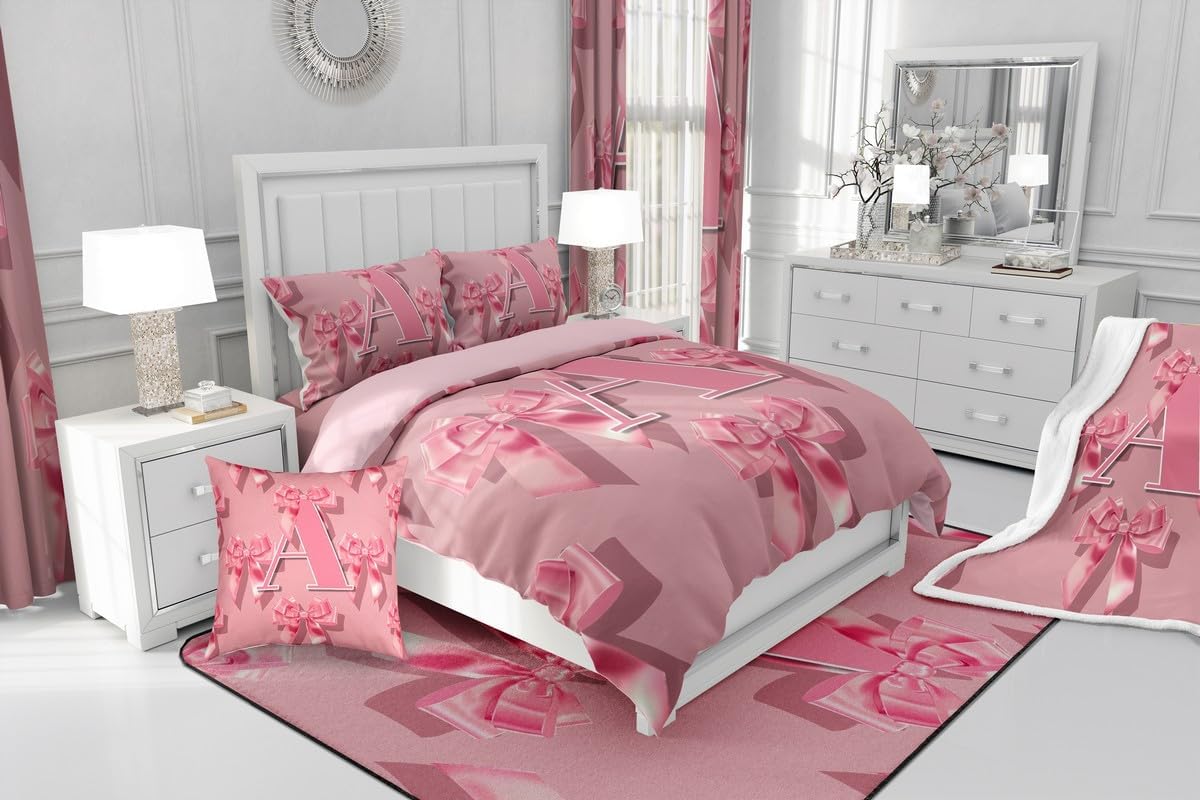 jejeloiu Girls Pink Bow Comforter Set All Season Cute Bowknot Bedding Set with 1 Pillow Cases Initial Letter A Kids Twin Bedclothes Monogrammed Bedroom Decor Kawaii Coquette Bows Duvet Quilt