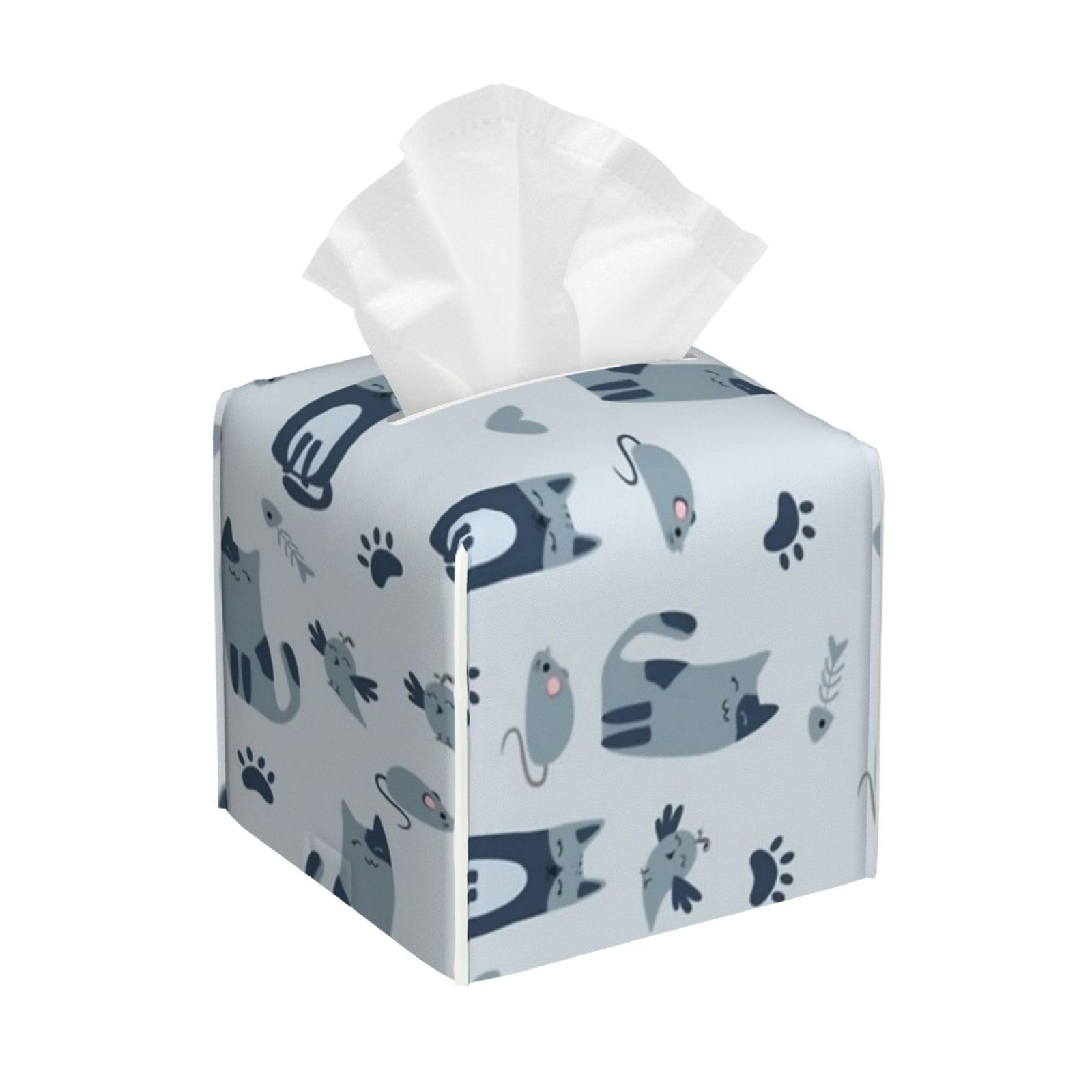 Cozy Cats Monochrome Pattern - Blue Tissue Box Cover 5" Square Leather Tissue Holder Facial Tissue Case for Tabletop Bedroom Bathroom Desk Decor