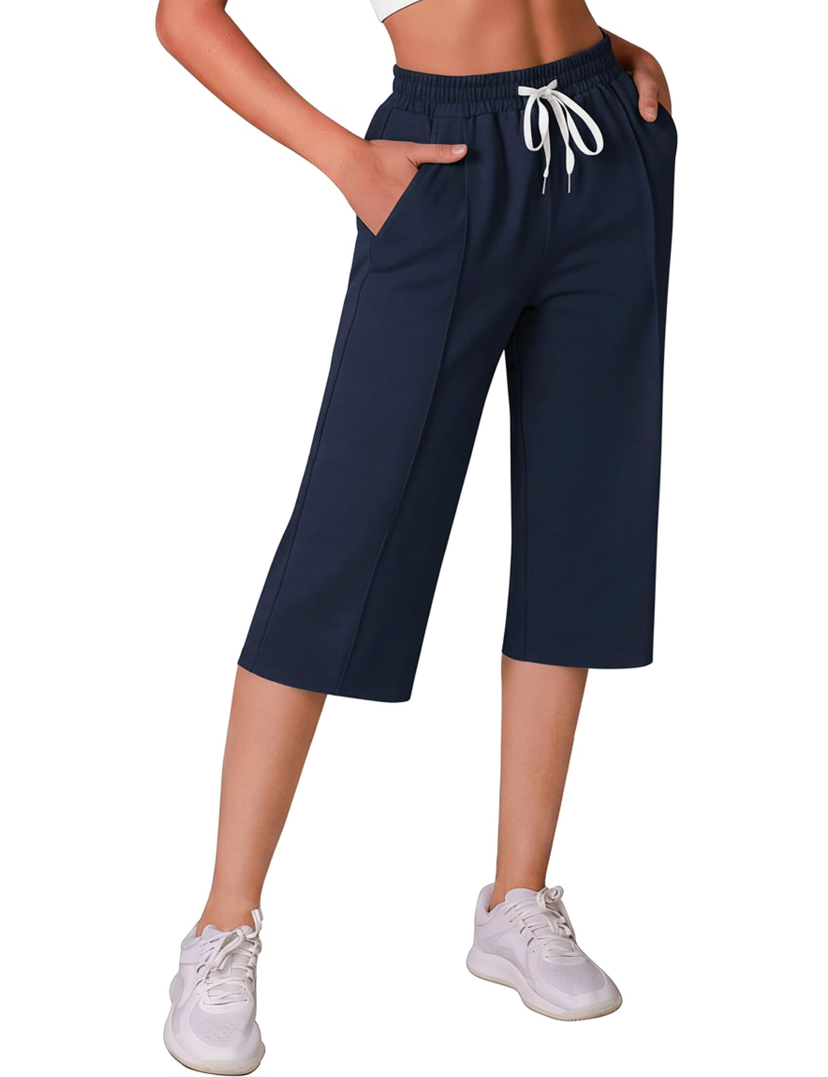 Pantaloni 3/4 Donna Estivi Pantaloni Capri Elegante Pinocchietti Casual Larghi con Tasche Pantaloni Sportivi Vita Alta per Yoga Palestra Jogging Fitness Sport S-3XL