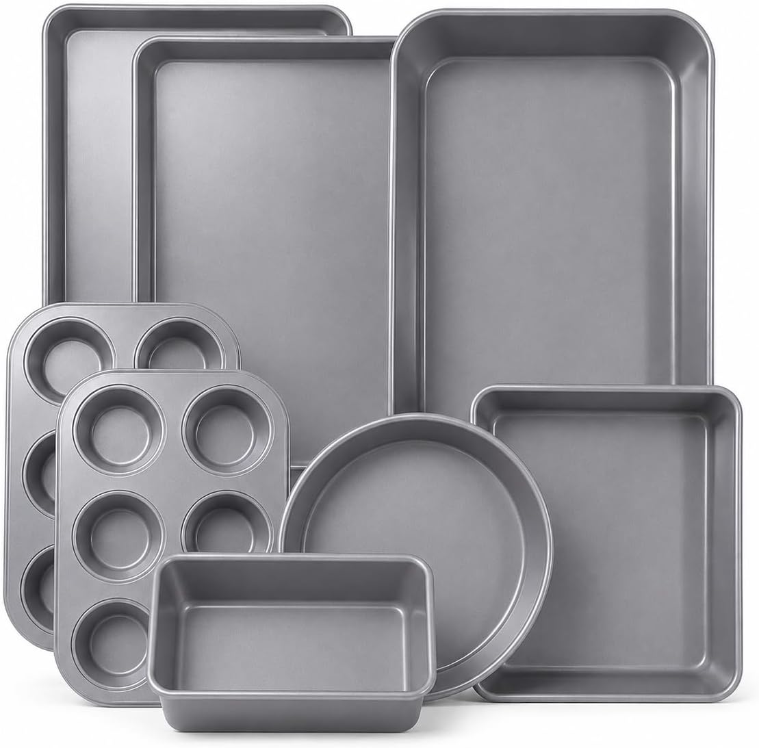 Nonstick Bakeware Set 8 Piece - Stackable Baking Pan Set, Oven safe 450°F, Carbon Steel Baking Set with Muffin, Loaf, Cookie Sheets & Roaster, Easy Storage, BPA-Free (Gray)