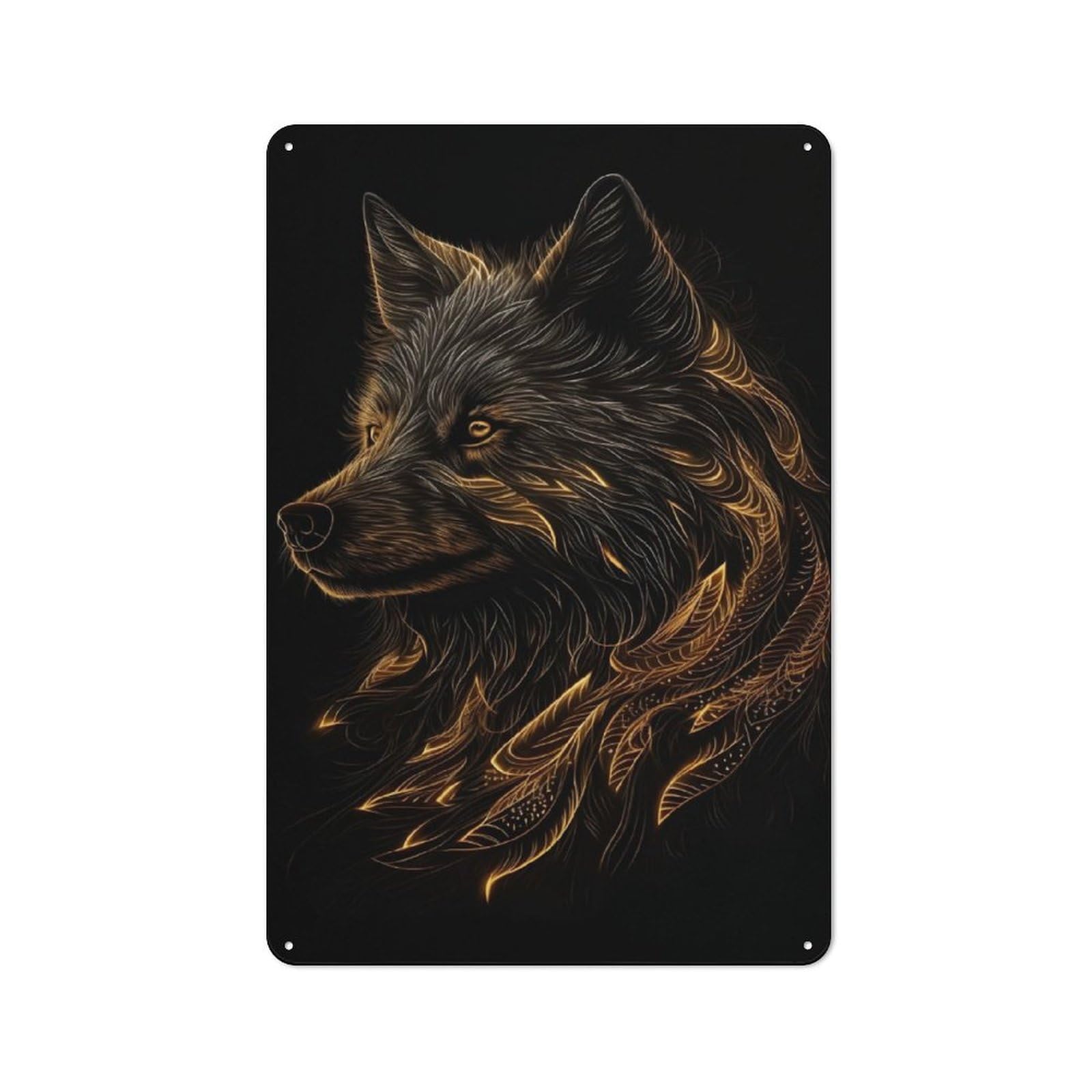 Junmoney Wolf Black Gold Tin Wall Plaque 30X20cm With For Bar Or Restaurant, Autumn Wall Decor For Hospitality Decor Collectors