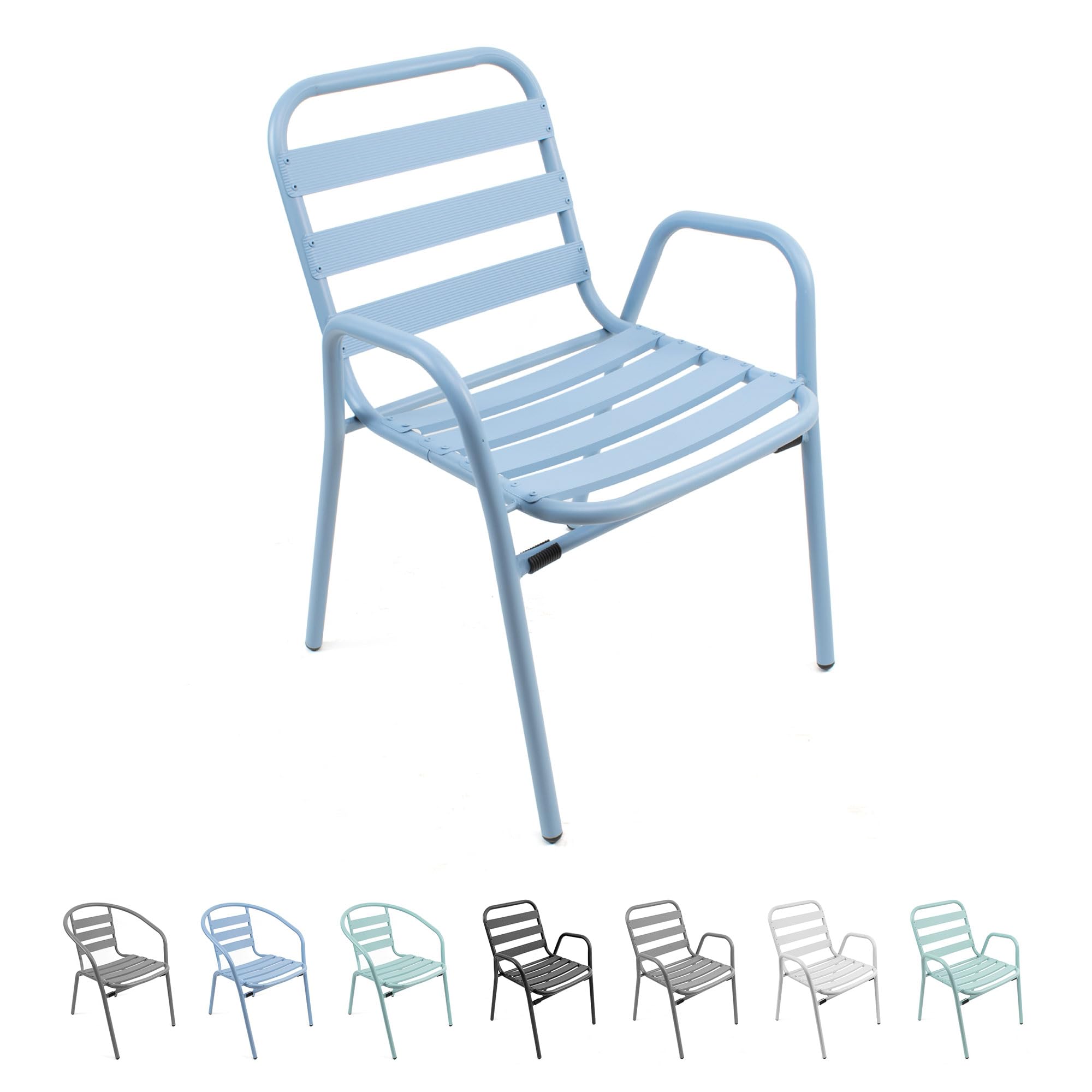 THE SECRET HOME - Silla de Aluminio con Reposabrazos para Jardín - Alto 76 cm x Largo 56 cm x Ancho 48 cm - Color Azul Claro - Asiento Apilable de Exterior para Balcón, Terraza y Jardín