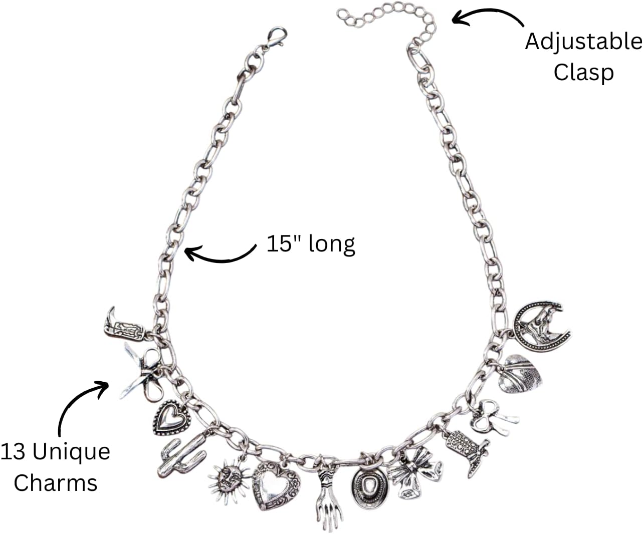 Silver Charm Necklace for Women | Chunky Charm Necklace with Sun, Moon, Bow, Heart Pendants - Image 4