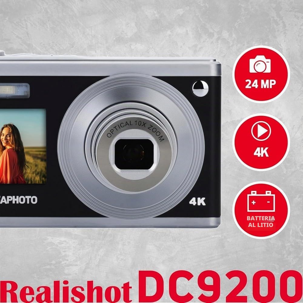 AGFA PHOTO Realishot DC9200 - Fotocamera Digitale Compatta, 24 MP, Video 4K, Zoom Ottico 10x, Schermo Doppio 2,8" + 1,54", Sensore CMOS, Stabilizzazione Immagine, Batteria al Litio - Nero