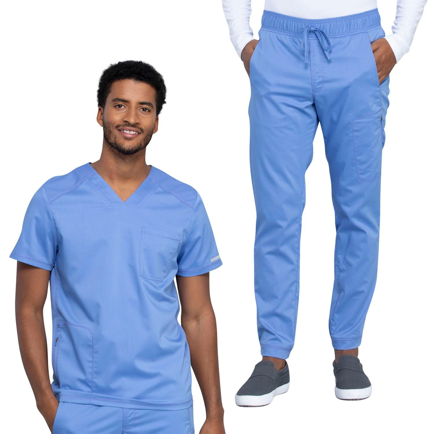 Cherokee Men's Scrub Set, V-Neck Scrub Top Modern fit WW603 with Natural Rise Jogger Scrub Pants Drawstring Waistband WW012