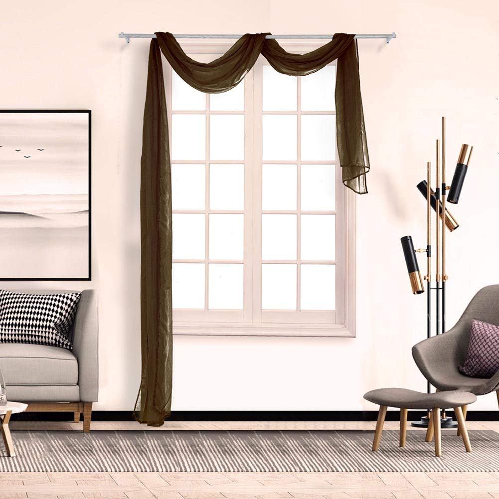 BOYOUTH Beautiful Elegant Solid Color Soft Transparents Voile Window Decor Scarf Valance Topper Curtain Topper Long Window Treatment Scarves for Home Decor,Wedding(35"x196"-Brown) 1 Panel