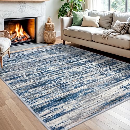SIILOOM Washable Navy Blue Abstract Rug