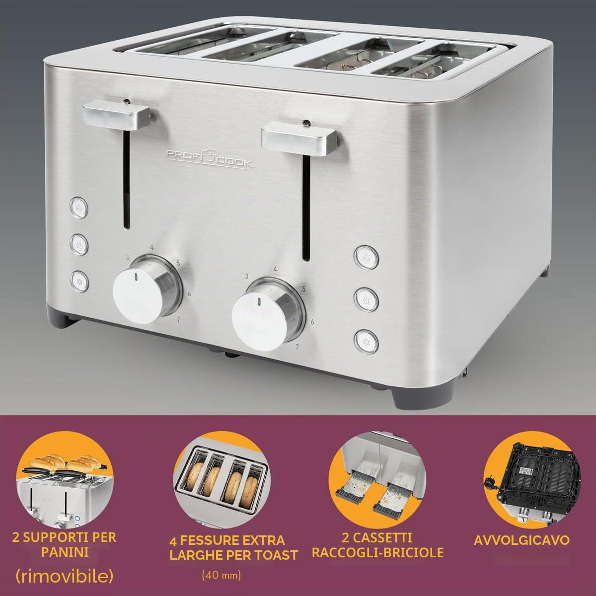 ProfiCook Tostapane, tostapane a 4 dischi, con 2 elementi di comando separati, funzione di scongelamento, riscaldamento/arresto rapido, tostapane con piano pane, tostapane in acciaio inox, PC-TA 1252