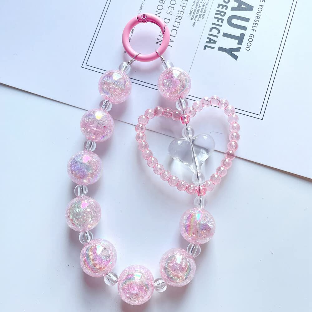Katutude Crystal Beaded Phone Charm Bling Phone Wrist Strap Love Heart Beaded Phone Lanyard Wrist Strap Anti Lost Phone Chain Wristlet Gift for Girls Women, Pink