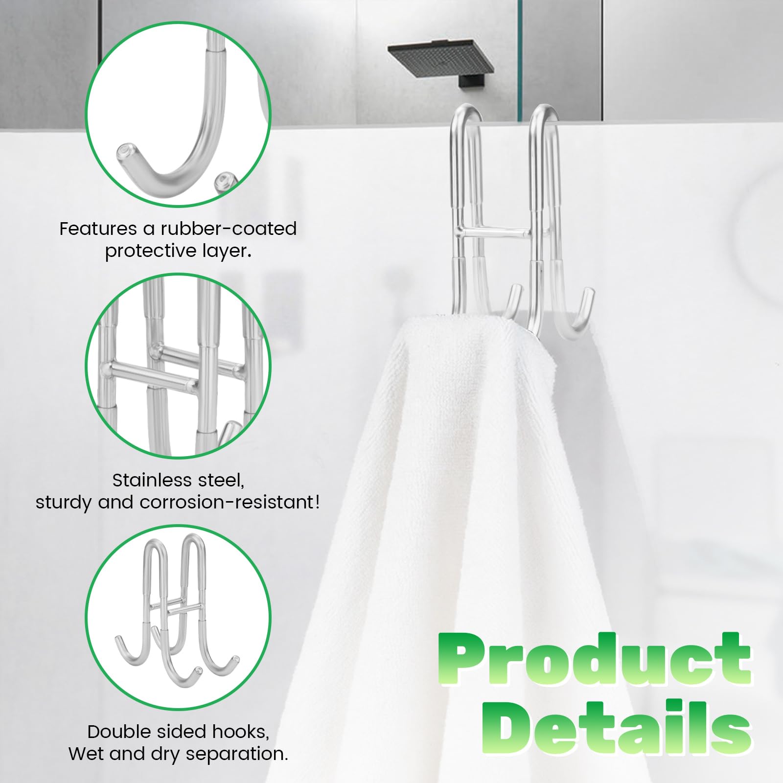 Modixun 2 Pack Double-Sided Towel Hooks for Shower Door Over Bathroom Frameless Glass Door Rack Hooks for Loofah Robe Shaver 304 Stainless Steel - Image 3
