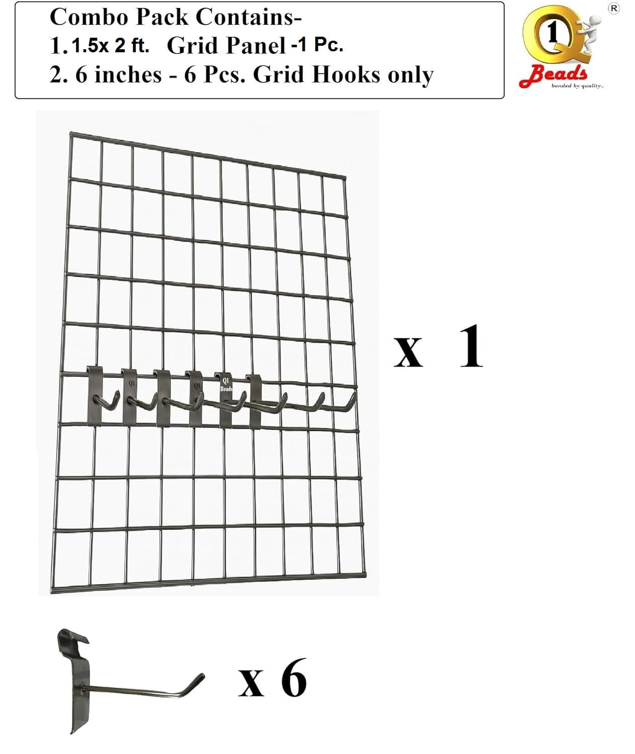 Q1 Beads Steel Grid Wall Mesh 1.5x2 feet(45 x 60 cm) Display Stand Rack with 6 inch Jaali Hook 6 Pcs. for Retail Display|Shop|Showroom|Kitchen| Hanging Accessories|Photo 5 MM SS Rod (Chrome) 1