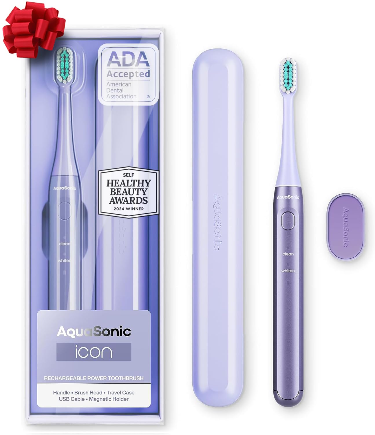 Aquasonic Icon ADA-Accepted Rechargeable Toothbrush | Magnetic Holder & Slim Travel Case | 2 Brushing Modes & Smart Timers | Gentle Micro-Vibrations (Lilac)