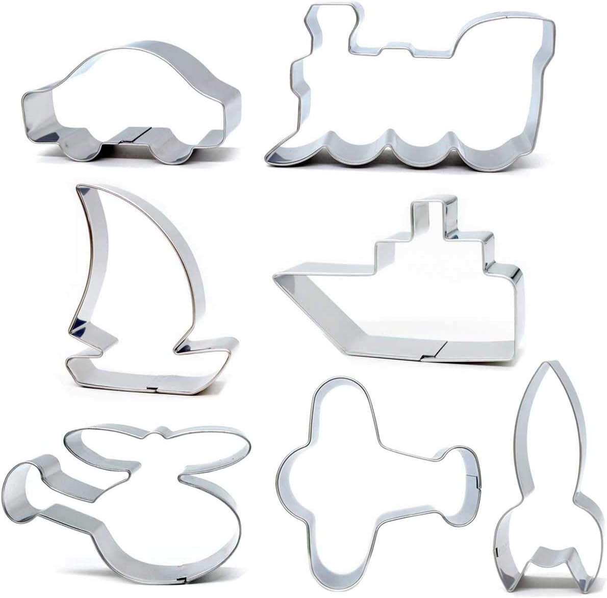 Transport Cookie Cutter Set, 7pcs Train, Car, Airplane, Rocket, Boat, Sandwich Cutter - Stainless Steel
