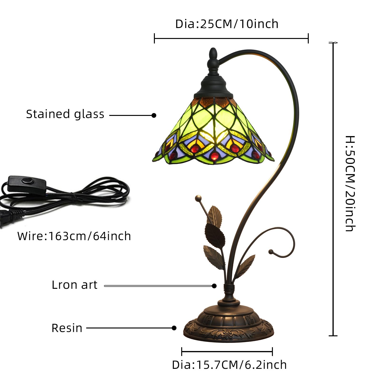 Lampa stołowa Tiffany Zielony ogon pawia Witrażowa lampa w stylu Tiffany S Liście Vintage Lampa biurkowa do sypialni, salonu, biura, akademika, jadalni