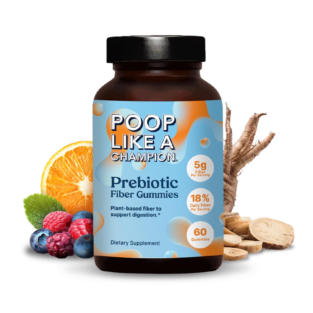 Poop Like a Champion Fiber Gummies – 5g Fiber per Serving, Non-GMO, Vegan, Digestive Support, 60 Pieces per Bottle Prebiotic Fiber