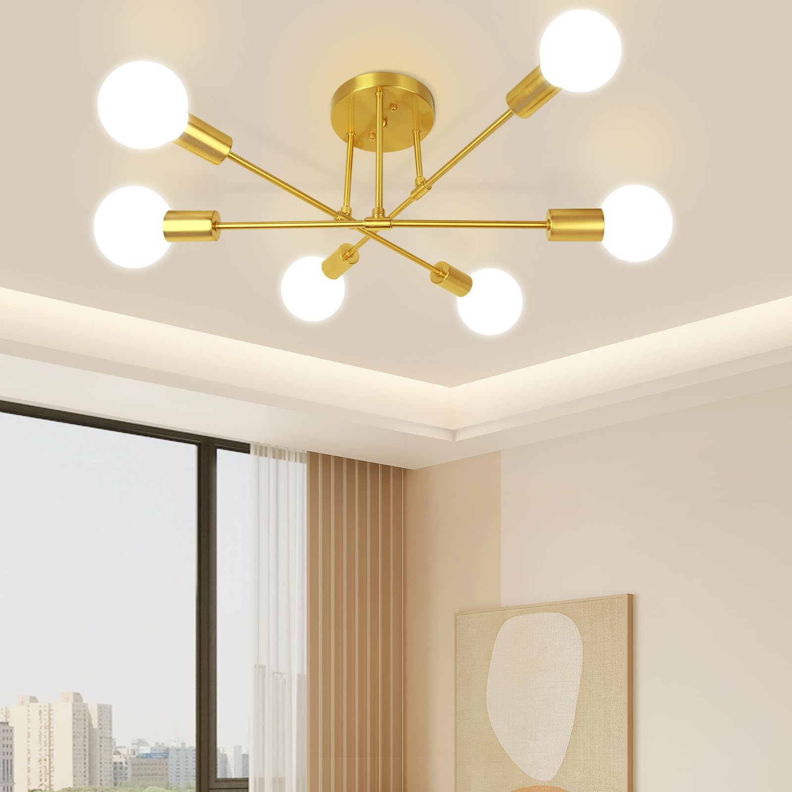 SILAMPDI 6-Light Gold Ceiling Light Fixture, Modern Sputnik Chandelier, Industrial Dining Room Light Fixture for Bedroom, Living Room, Kitchen, Hallway, E26 Base, Bulbs Not Included