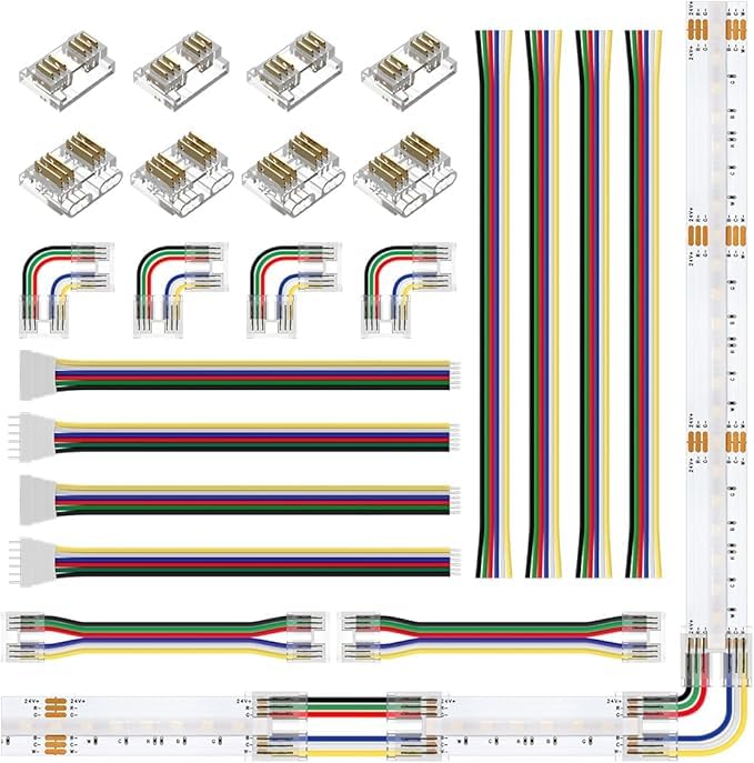 BTF-LIGHTING FCOB RGBCCT 6 Pin 12 mm Kit de connecteurs pour bande LED en L - Ensemble complet avec double extrémité, Carte-à-Carte/Fil, Câbles 15cm 24AWG, Fiche JST SM, Installation sans Espace