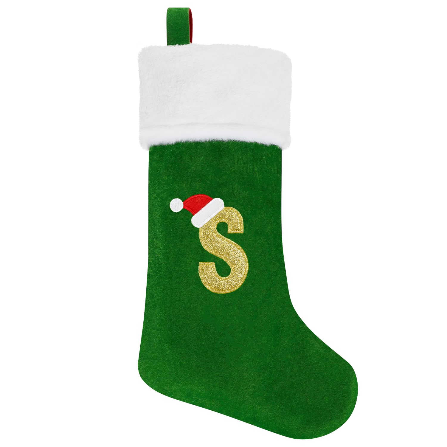 Veylin Green Christmas Stockings With Letters, 20 Inch Plush Alphabet Christmas Stockings Embroidered Stockings Personalised Christmas Stockings For Kids/Adult Letter S