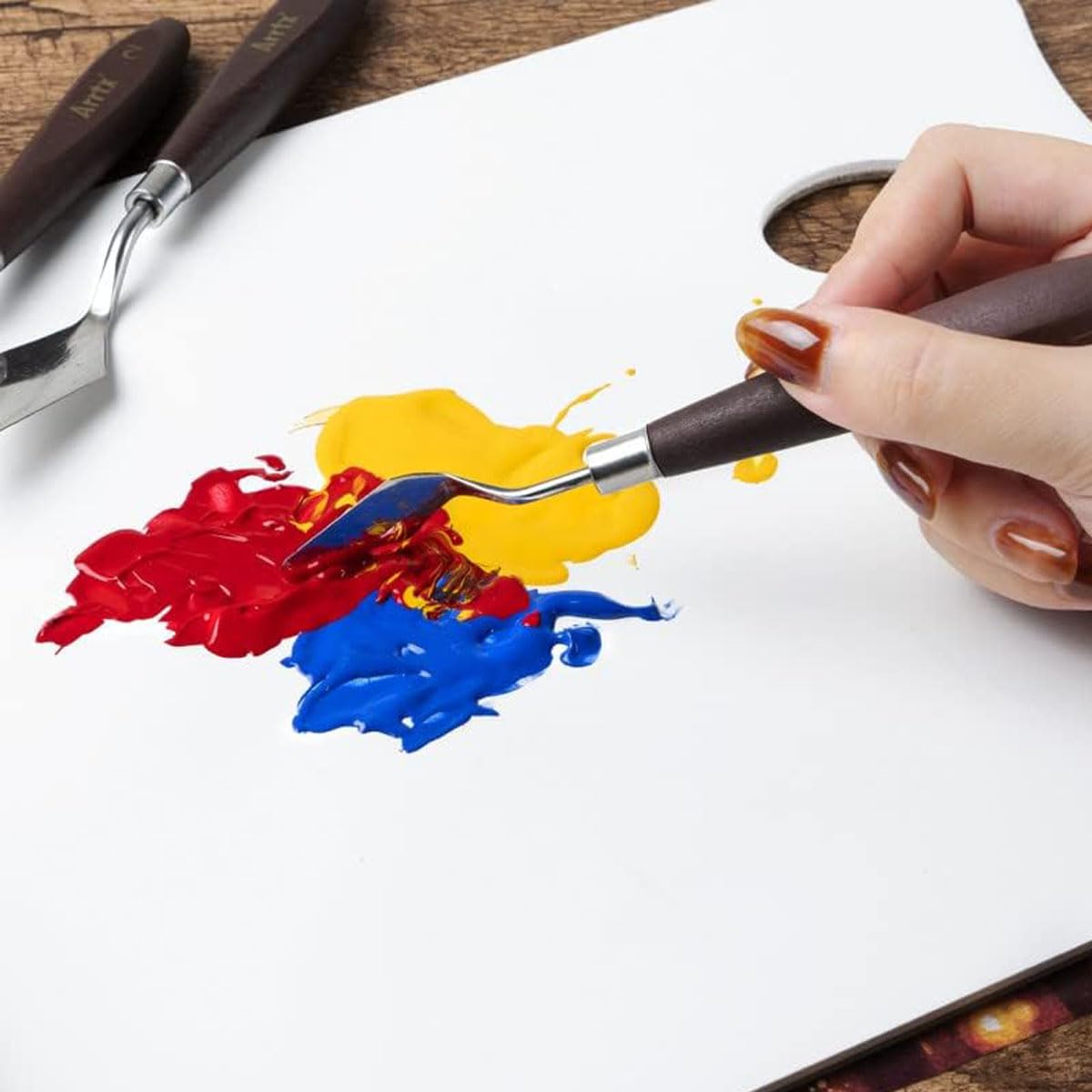 Cuchillos de pintura de acero inoxidable, espátula, paleta, cuchillo profesional, mango de madera, accesorios de pintura al óleo, juego de mezcla de colores para pintura al óleo, lienzo, pintura