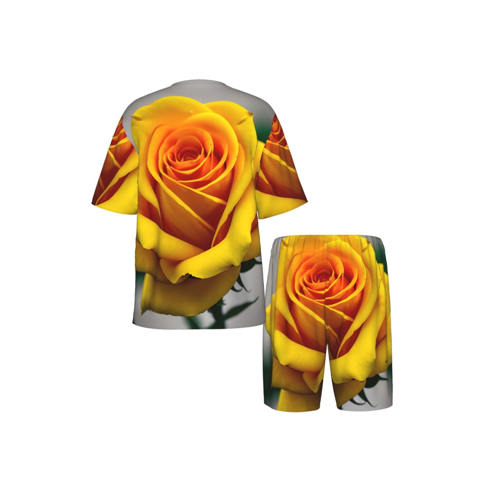 Conjunto de pijama clásico con estampado de rosas amarillas para hombre, pantalones cortos de pijama suaves para hombre, perfecto para las noches de verano