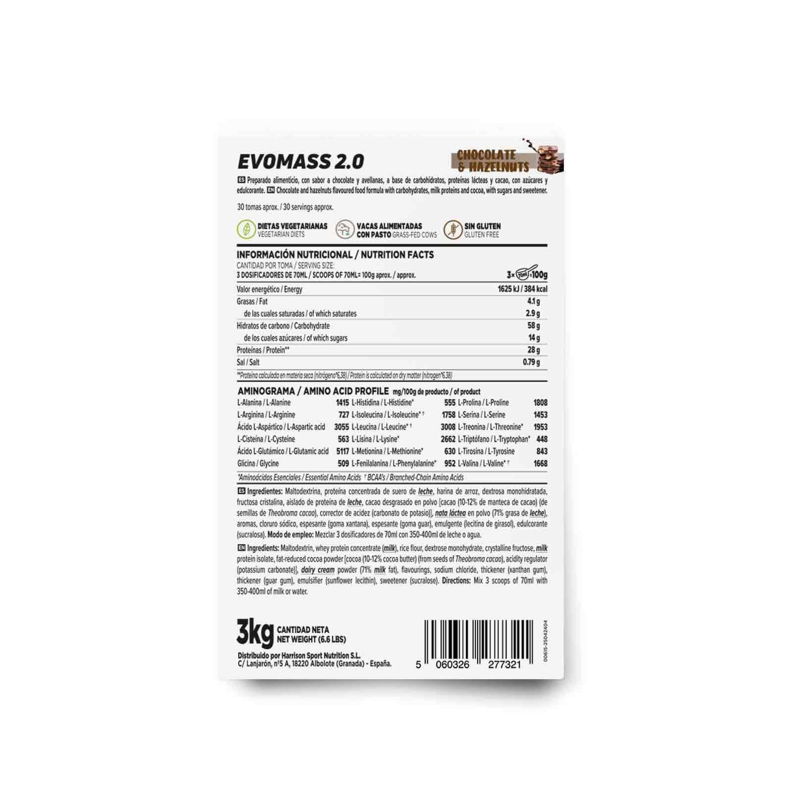 Weight Gainer and Muscle Mass of HSN | Evomass 2.0 | Weight Gainer : Carbohydrates (Maltodextrine + Farine d'avoine) + Whey Protein | Vegetarian, Saveur Chocolat Noisette, 3Kg