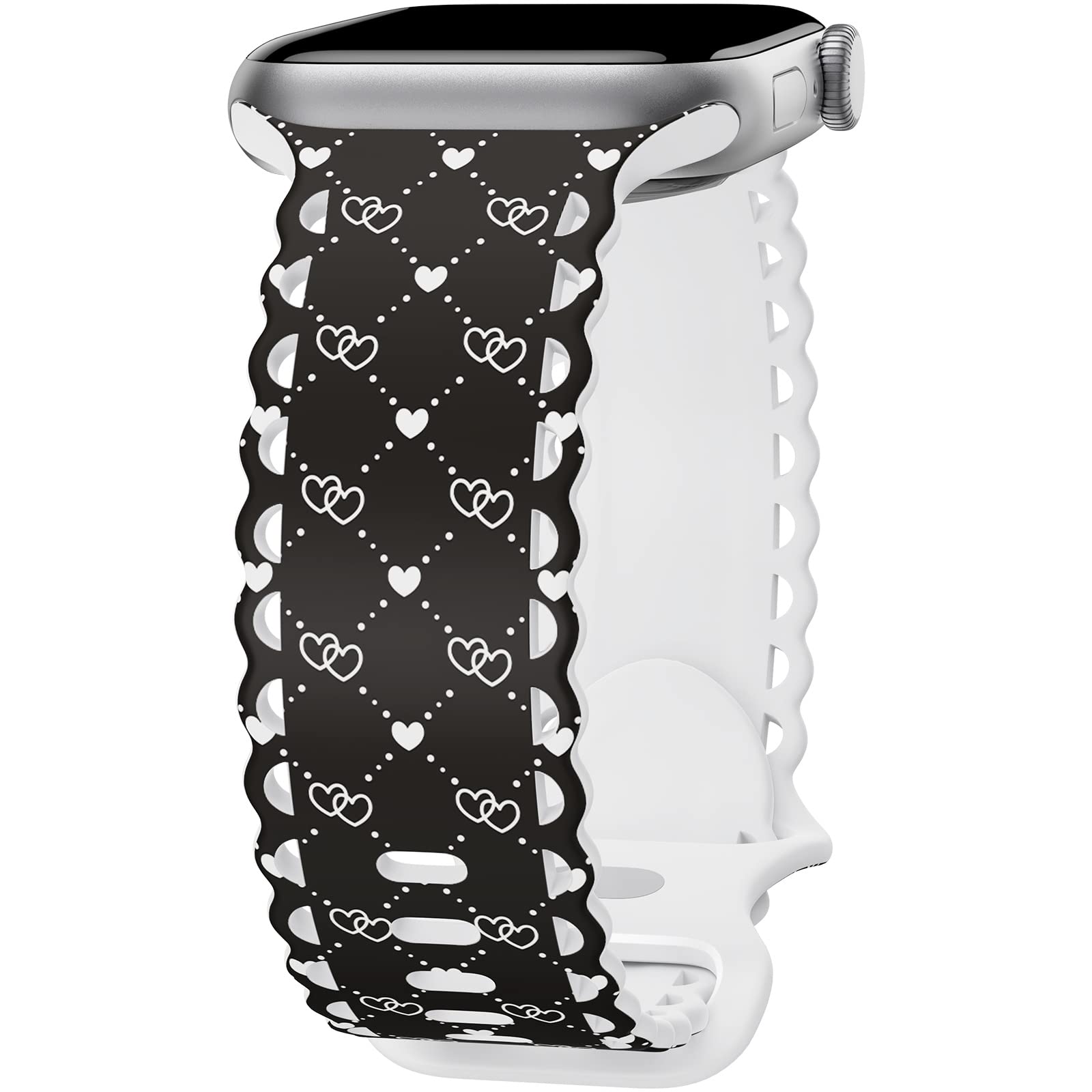 Compatible with Apple Watch Band 41mm 40mm 38mm 49mm 45mm 44mm 42mm Women, Heart-shaped Print Lace Hollow-out Soft Silicone Sport Bands For iWatch Ultra SE Series 10 9 8 7 6 5 4 3 2, Lov-38