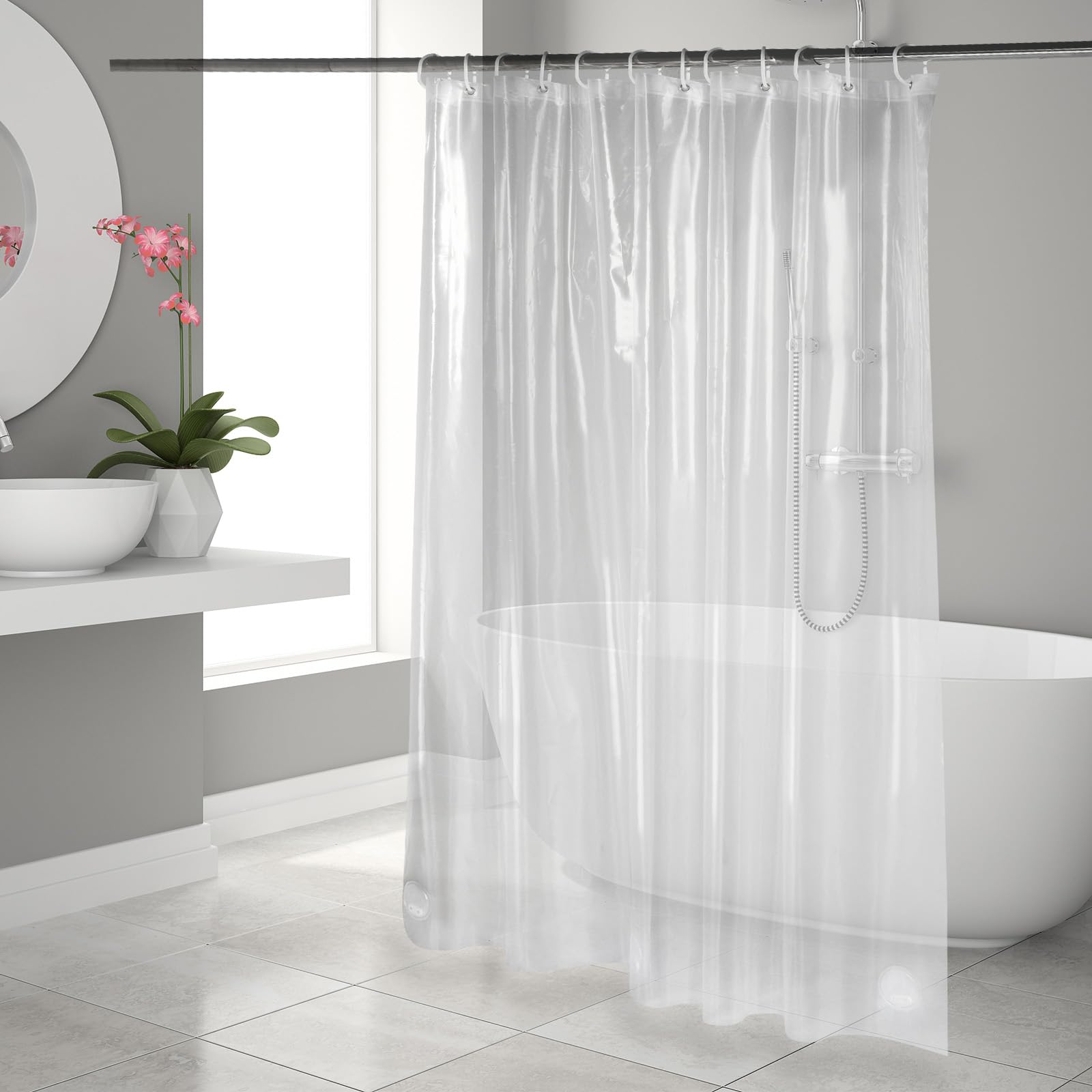 OTraki 183 X 183 CM Cortina de Ducha Antimoho, 0,175 MM Cortina de Ducha Transparente PEVA Lavable Cortinas de Baño con 3 Imanes +12 Ganchos, Impermeable Antibacteriano Secado Rápido, para Bañera