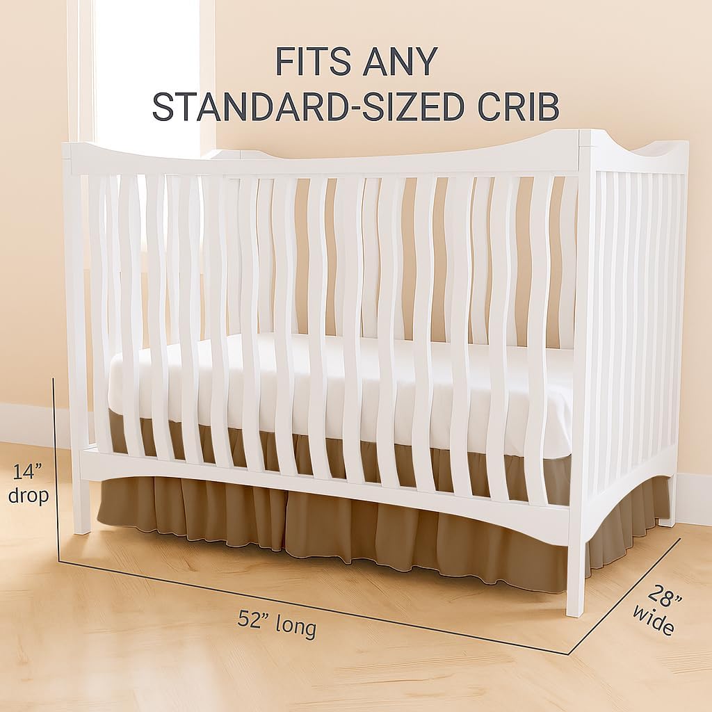 Crib Bed Skirt Dust Ruffle with Split Corners, 100% Cotton, Taupe Nursery Crib Skirt for Baby Boys or Girls, 28x52, 14" Drop, Toddler Bed Skirt, Baby Bedding, Crib Sheet Skirt, Soft & Breathable