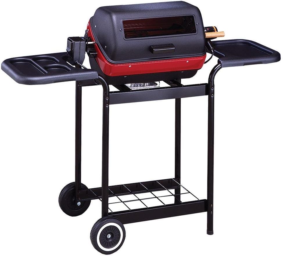 Americana Electric Cart Grill with two polymer side tables, wire shelf and rotisserie