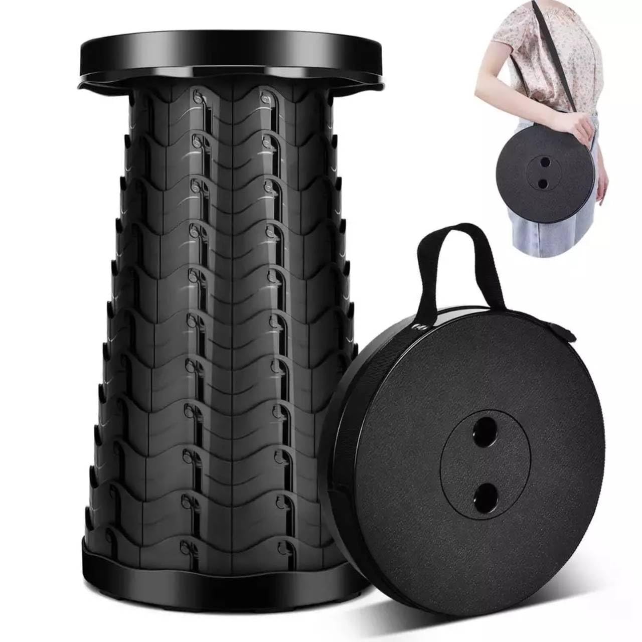 HMK TRADERS Portable Telescopic Stool – Retractable Folding Stool with Carry Strap | Lightweight & Adjustable for Garden, Beach, Picnic, Camping, BBQ, Fishing & Hiking (Black)