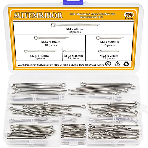 Sutemribor 100PCS Cotter Pin Clip Key Fastener Fitting Assortment Kit - 304 Stainless