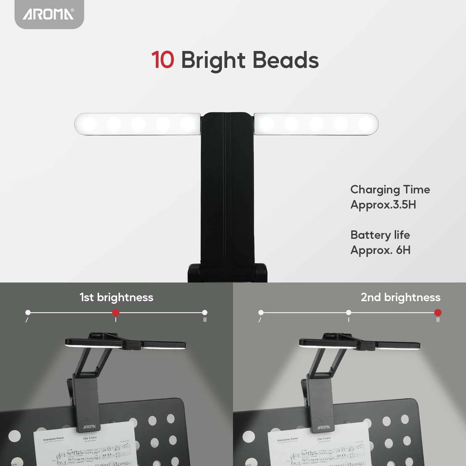 AROMA Light for Music Stand Rechargeable Clip On Piano Lamp Adjustable 2 Brightness, Black, 5cm x 6.5cm x 12.04cm - Image 2