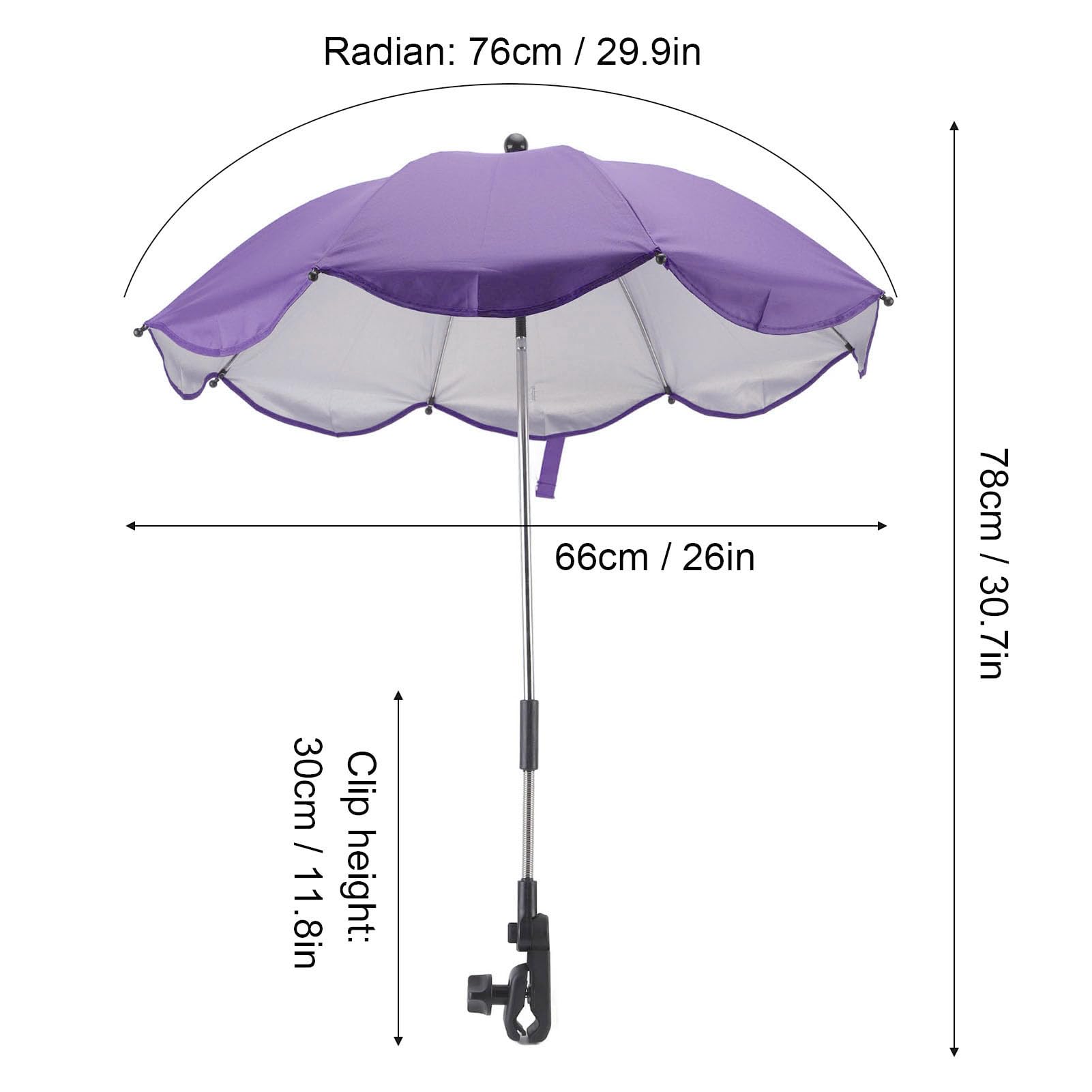 Parasol do Wózka Dziecięcego 14 Cali, Uniwersalna Parasolka do Wózka Dziecięcego Regulowana Ochrona UV Parasol Przeciwsłoneczny do Wózka Spacerowego, Gondoli, Wózka Inwalidzkiego (Fioletowy (srebrny klej))