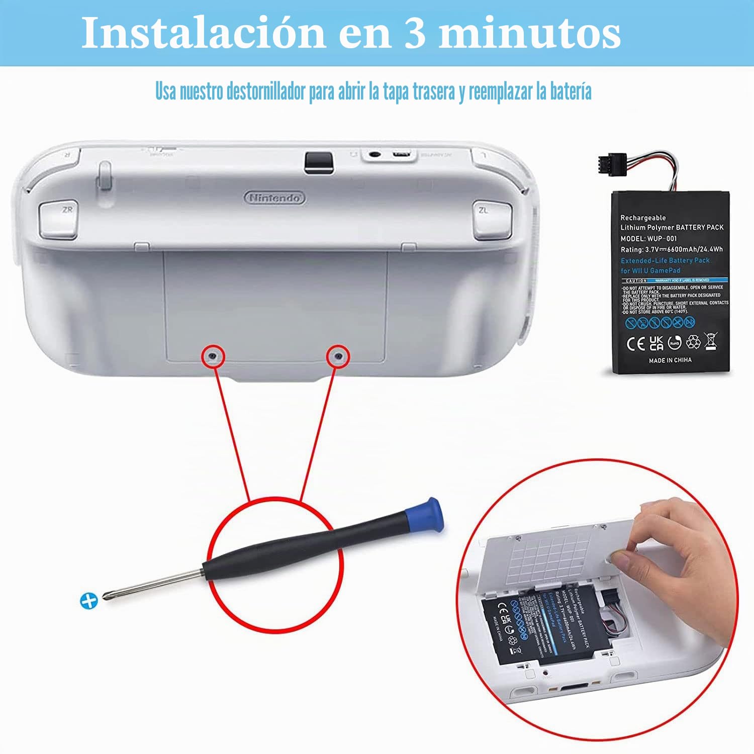 6600mAh WUP-001 Batería de Repuesto Compatible con Nintendo Wii U Gamepad