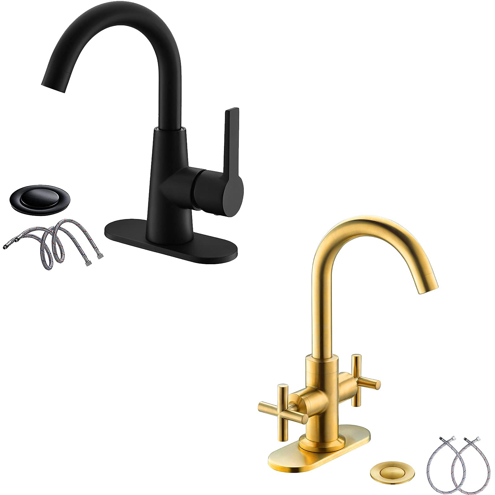 Robinet de Salle de Bain à Deux poignées, entraxe de 4 Pouces, avec bonde, Plaque de Montage et Flexibles d'alimentation, Compatible avec 1 à 3 Trous.