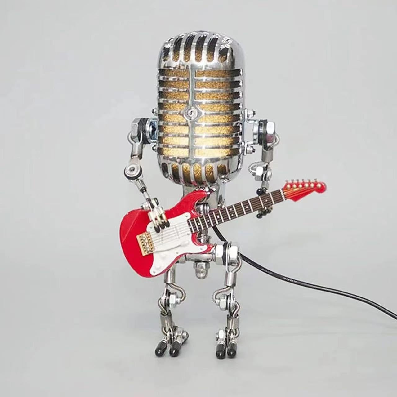 Bpetga Red Handcrafted Metal Microphone Guitar Robot Ornament With Led Lighting For Music Enthusiasts (Red)