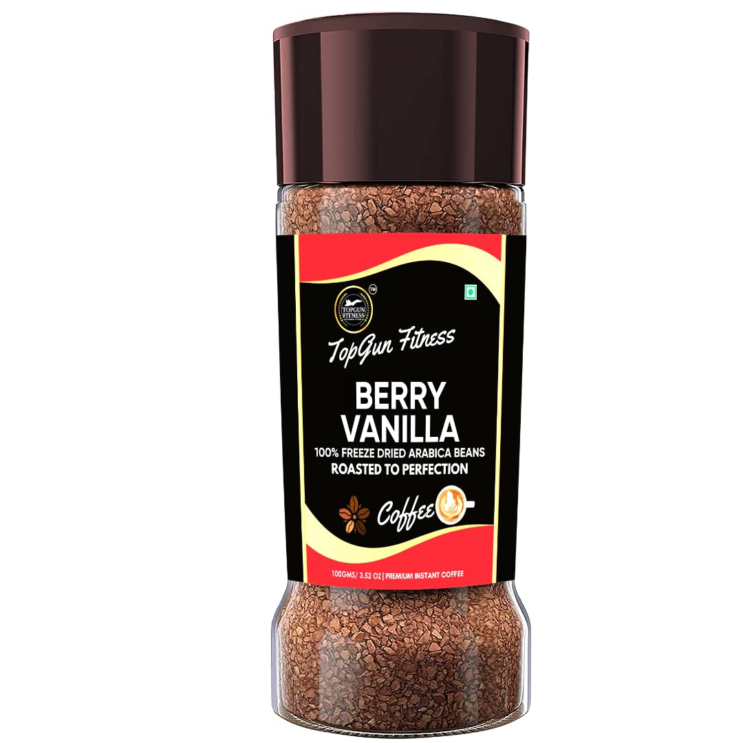 TOPGUN FITNESS Instant Coffee |100% Freeze Dried Arabica coffee| Dark Roasted Delicacy with Intricate Flavor Notes |Flavour- Berry Vanilla (100g)