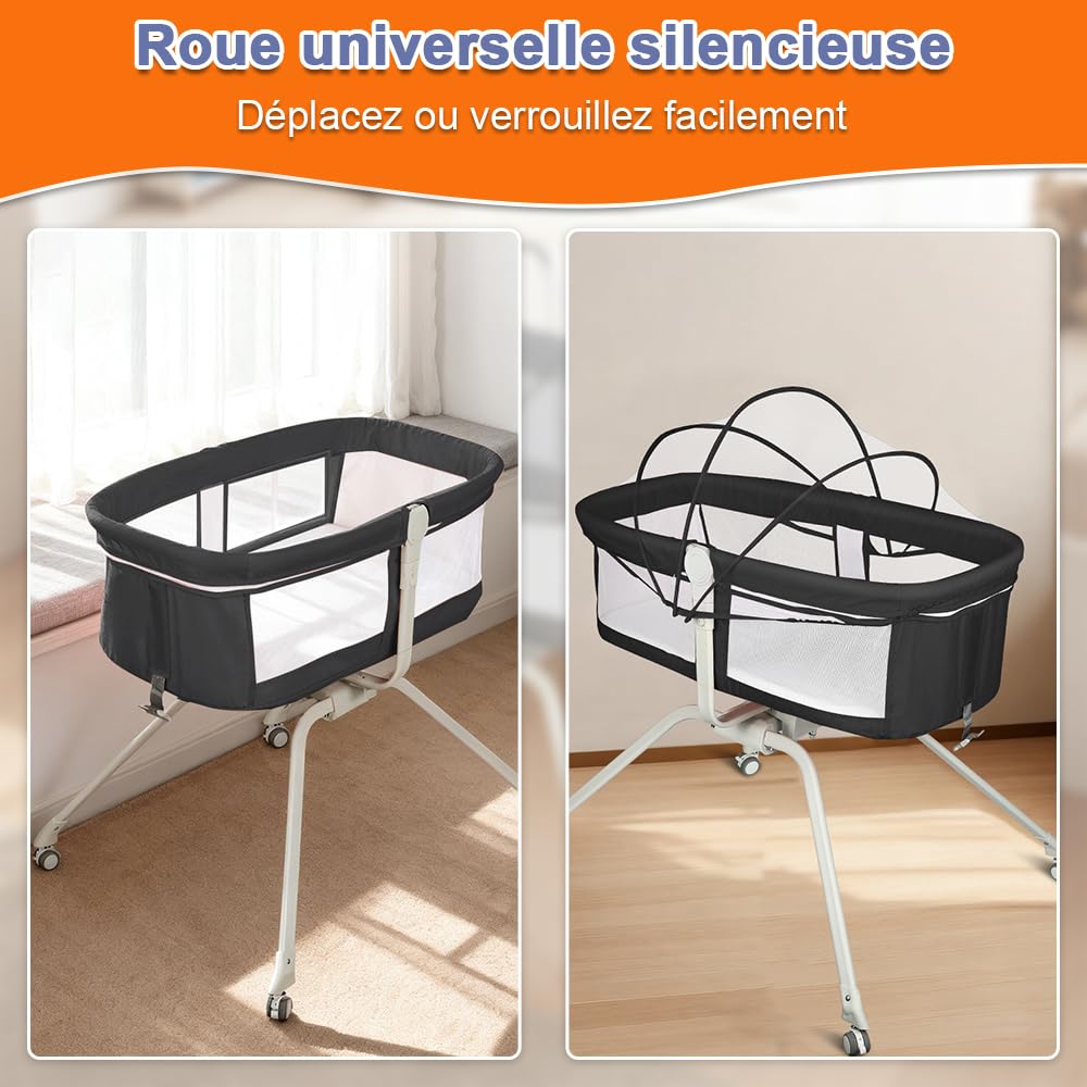 Cuna Colecho Bebé con Colchón y Mosquitera, Altura Ajustable, Cuna Plegable con Ruedas y Función Mecedora, de 0 a 36 Meses（94 * 70 * 80cm,Negro）