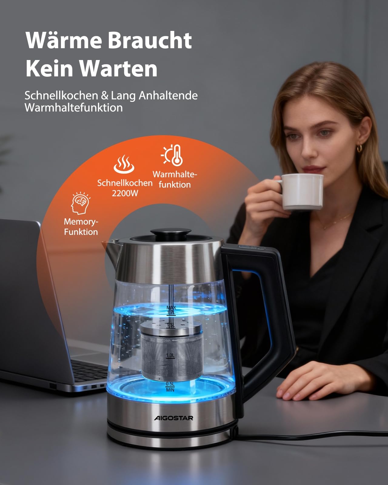 Aigostar Wasserkocher mit Temperatureinstellung, Edelstahl & Glas, BPA-frei | Keramikbeschichtung Kalkfrei Teemaschine, 1,7 Liter, 2200 Watt, Schnelles Kochen, Warmhaltefunktion, für Büro & Partys