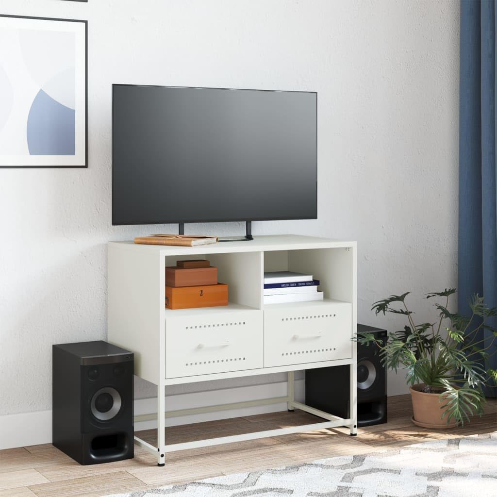 Mobile TV bianco in acciaio 68 x 39 x 60,5 cm con 2 cassetti, scomparti aperti, spazio e ripiano per soggiorno, camera da letto, home theater, gaming e multimediale