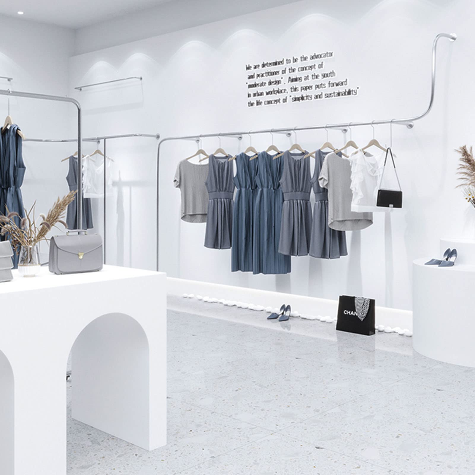An der Wand montierte Präsentationsregale für Boutique-Bekleidungsgeschäfte aus Metall, Aufbewahrungsregale für gewerbliche Schränke aus Edelstahl für kreative Einzelhandelsgeschäfte, platzs