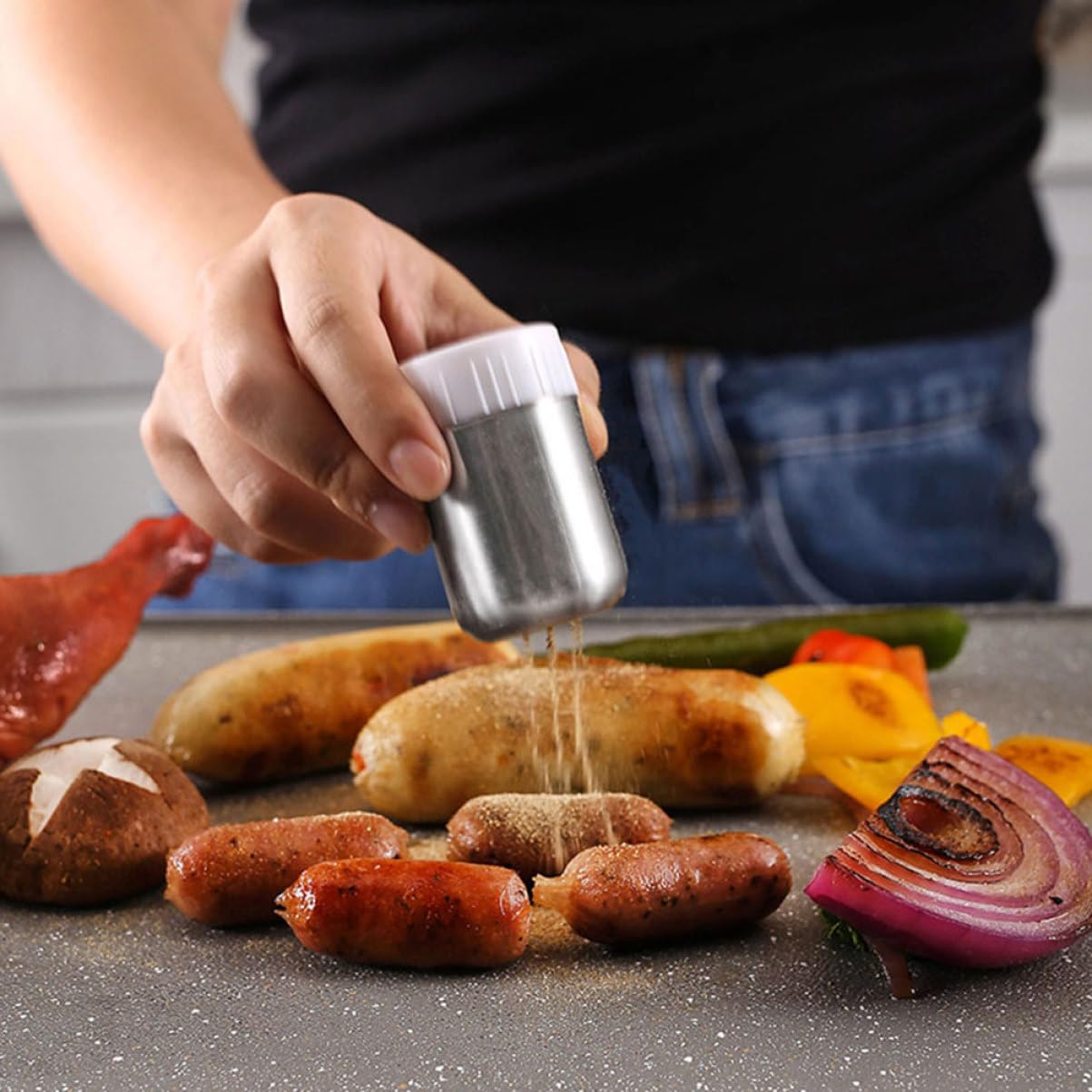 Set Utensili Bbq in Acciaio Inossidabile Legno e Silicone per Grigliata Esterna, 5 Pezzi Schiaccia Hamburger, Spatola e Boccetta per Condimenti